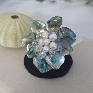 Statement Blue Iridescent Shell Flower Ring with Freshwater Pearls & Crystals